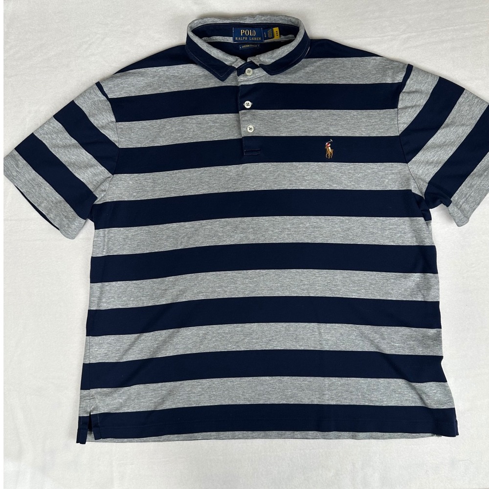 Polo Ralph Lauren Mens Gray Navy Striped Custom Slim Fit Polo Shirt